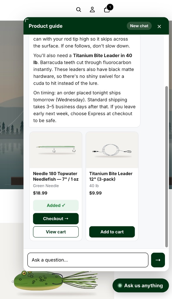 The sqrly chat on the Breakline Fishing storefront. Asked about barracuda in the Florida Keys, it recommends the Needle 180 lure in Green Needle and a 40 lb titanium bite leader, explains why, says when an order placed tonight would ship, and shows both as product cards. The lure has been added, with Checkout and View cart buttons below it.
