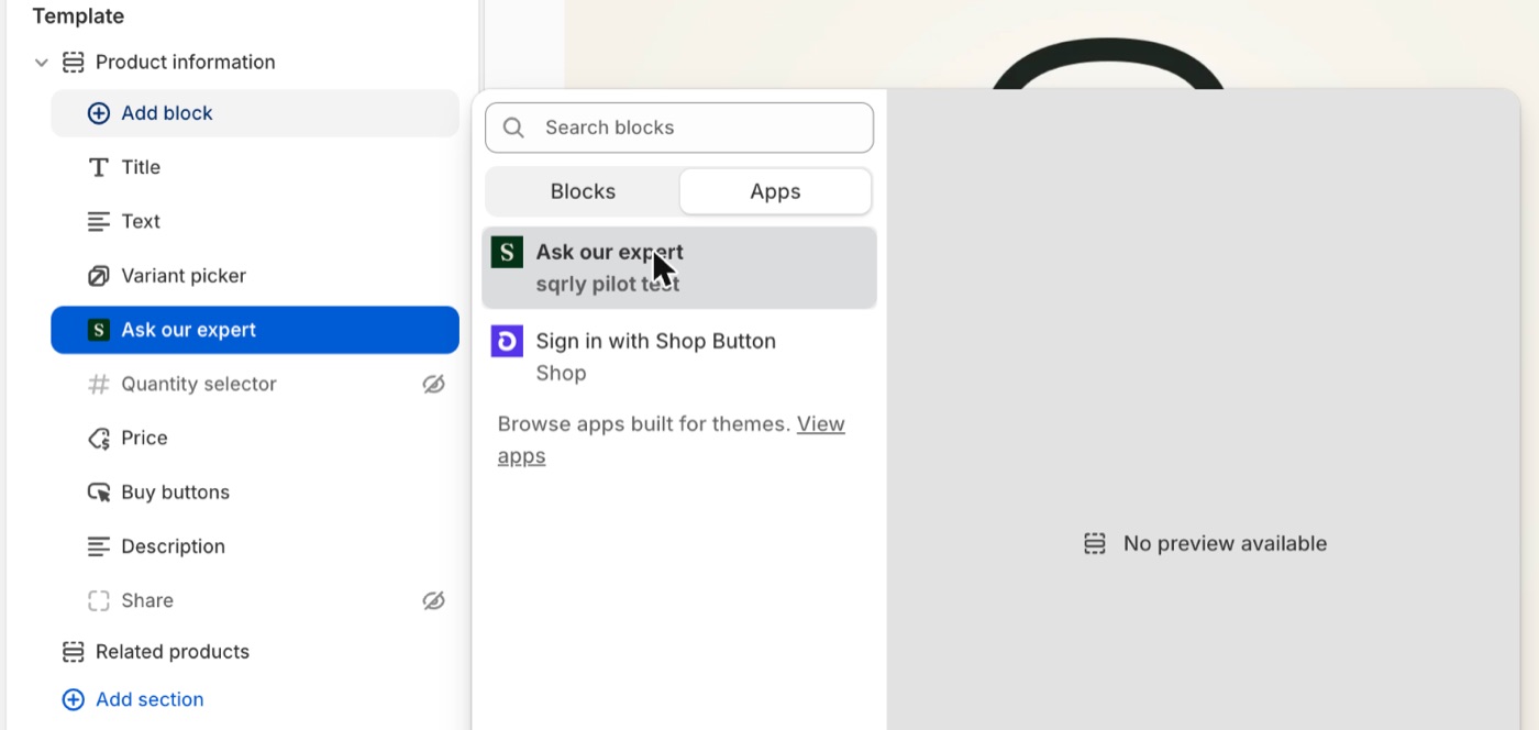 The theme editor with the Product information section expanded and the Add block picker open on its Apps tab, showing the Ask our expert block from sqrly.
