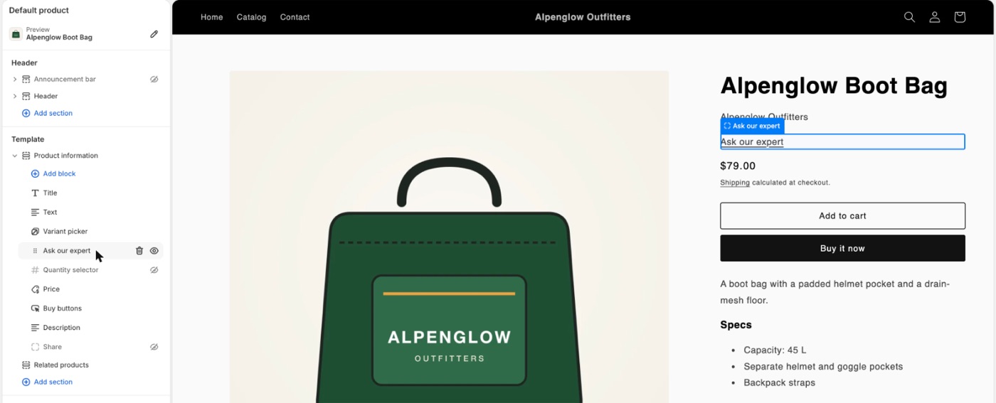 The block list of the Product information section with Ask our expert placed after the variant picker; hovering shows its six-dot drag handle on the left, and the preview highlights the link on the page.