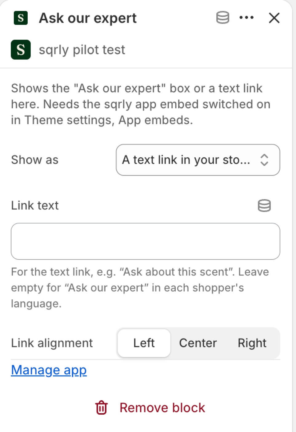 The Ask our expert block's settings: Show as set to A text link in your store's type, an empty Link text field with a hint, and Link alignment Left, Center or Right.
