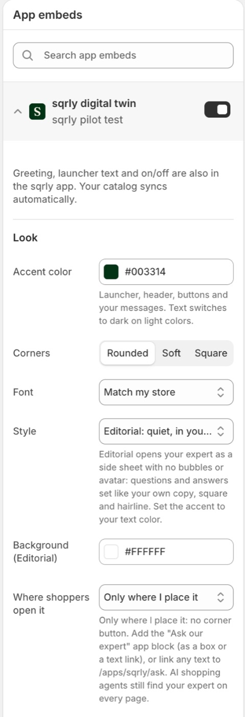 The theme editor's App embeds panel with the sqrly digital twin settings: accent color, corners, font, Style set to Editorial, Background (Editorial) set to white, and Where shoppers open it set to Only where I place it.