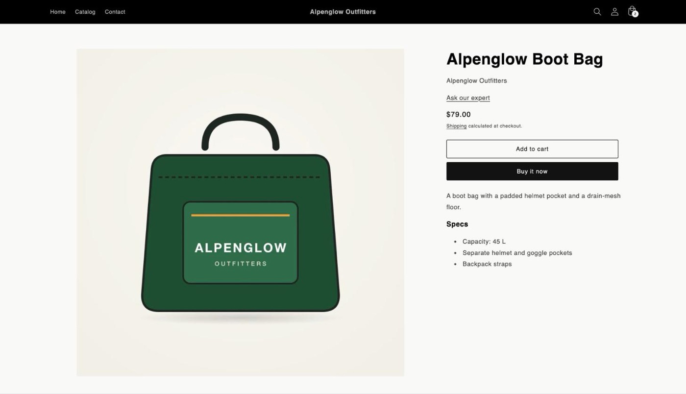 A product page for a boot bag with an underlined 'Ask our expert' link under the brand name, in the store's own font, and no button in the corner.