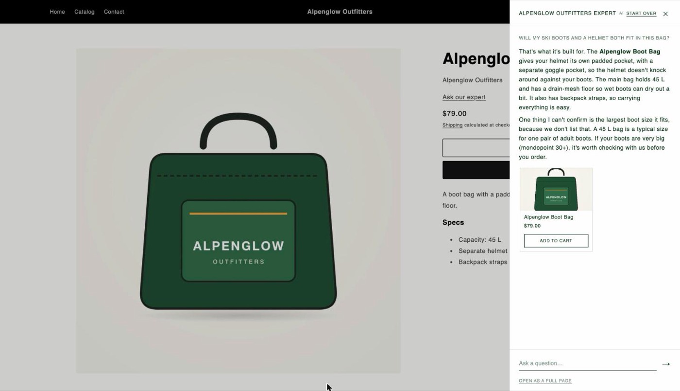The same page with a side sheet open on the right: a small uppercase header with the expert's name and 'AI', the shopper's question as a small uppercase label, the answer as plain text, a product card with an outlined Add to cart button, and a question field drawn as a single line.